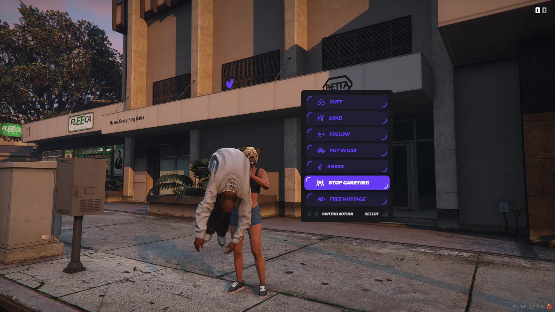 NPC character reacting to hostage attempt with visual indicators showing resistance chance and animations"