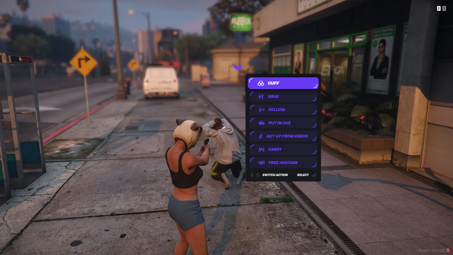 Player holding NPC hostage at gunpoint with visual UI showing available actions like restrain, grab, carry, and follow commands